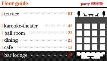 Floor guide(partyѲǽ)B1:bar lounge1F:cafe2F:dining3F:ball room4F:karaoke-theaterRF:terrace